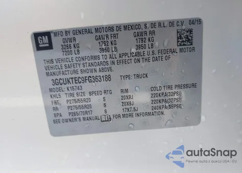 2015 Chevrolet Silverado 1500 High Country из США, поврежденный, VIN 3GCUKTEC9FG363188